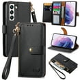thumbnail image 1 of Wallet Case for Samsung Galaxy S22 Plus Women Men, Durable PU Leather Magnetic Flip Lanyard Strap Wristlet Zipper Card Holder Kickstand Wallet Phone Case Cover Full Body Protection, Black, 1 of 10