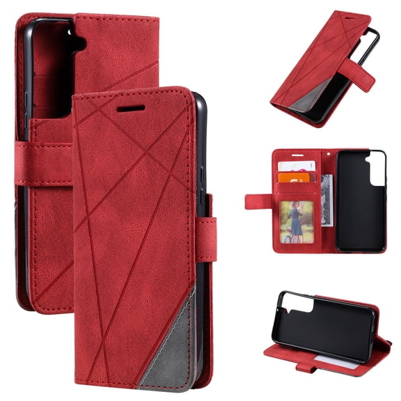Wallet Case for Samsung Galaxy S22, Premium PU Leather with Strap Wristlet [RFID Blocking] 3 Card Holders & Slide Cash Slot Flip Kickstand Function Magnetic Closure Folio Purse Case, Red