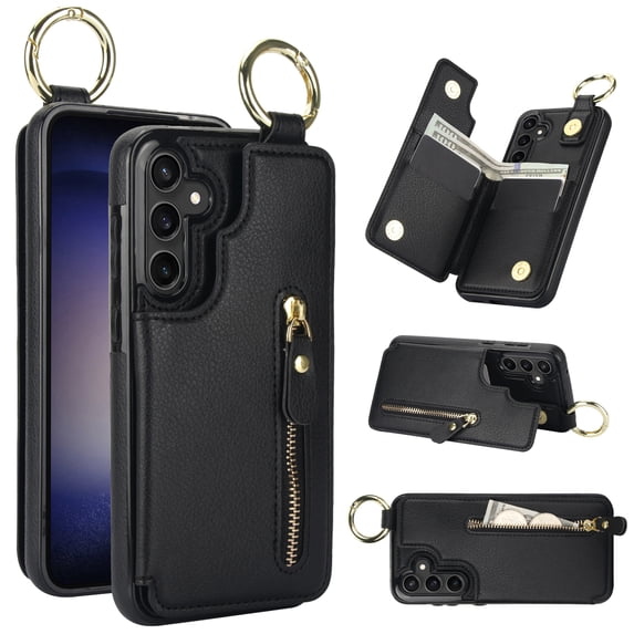 Wallet Case for Samsung Galaxy S22, Premium Vintage PU Leather Magnetic Closure Handbag Zipper Pocket Case Kickstand Card Holder Slots with Ring Hook Shockproof Flip Cover, Black