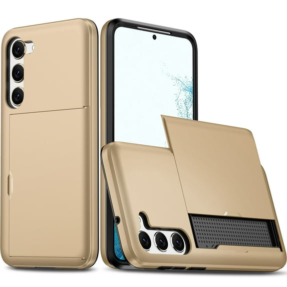 Wallet Case for Samsung Galaxy S22, Rugged Case with Credit Card Holder Sliding Slot, Military Grade Shockproof Scratch Resistant Anti-Drop Phone Cover for Samsung Galaxy S22, Gold