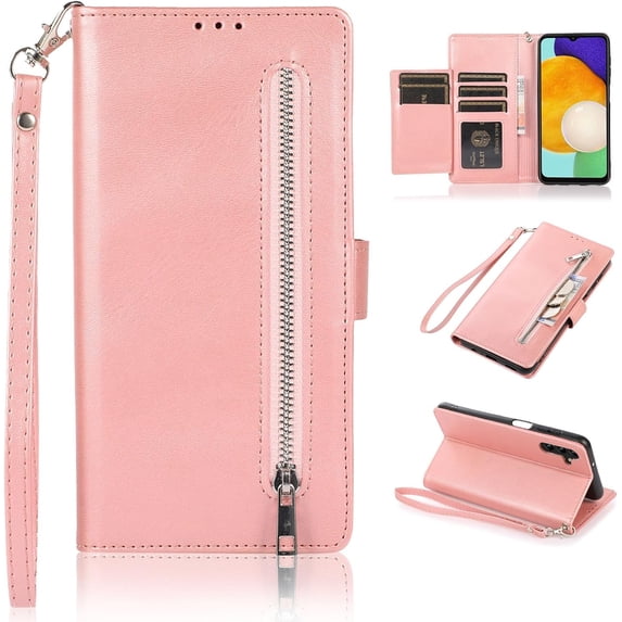 Wallet Case for Samsung Galaxy S22 Series, 5 Card Slots Protective Case Magnetic Closure Zipper Pocket Handbag PU Leather Flip Folio Case with Wrist Strap TPU Kickstand Full Protection Cover