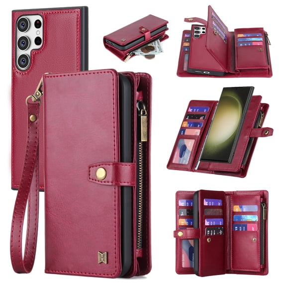Wallet Case for Samsung Galaxy S22 Ultra, 2 In 1 Detachable Magnetic Cover Multiple Cards Slots Zipper Pocket RFID Blocking Stand Hand Strap Protective Phone Case for Women Men, Red