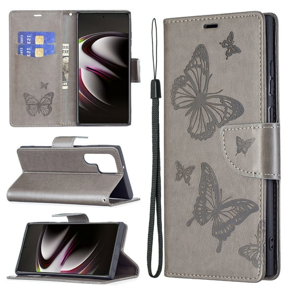 Wallet Case for Samsung Galaxy S22 Ultra 5G 2022, Allytech Embossed Butterfly PU Leather Scratch Free Credit Card Slots Holder Magnetic Closure Case with Hand Strap for Galaxy S22 Ultra 6.8", Gray