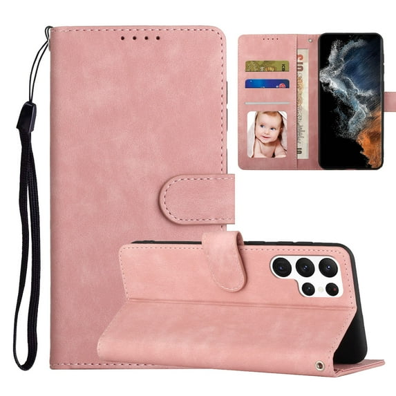 Wallet Case for Samsung Galaxy S22 Ultra 5G (6.8 inch), PU Leather Shockproof Magnetic Clasp Flip Stand Card Slots Slim Case with Hand Strap For Samsung Galaxy S22 Ultra,Pink
