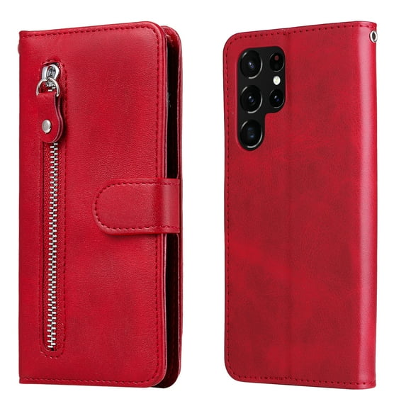 Wallet Case for Samsung Galaxy S22 Ultra 5G, Dteck Card Slots Magnetic Closure Zipper Pocket Handbag PU Leather Flip Case TPU Kickstand Full Protection Cover,Red