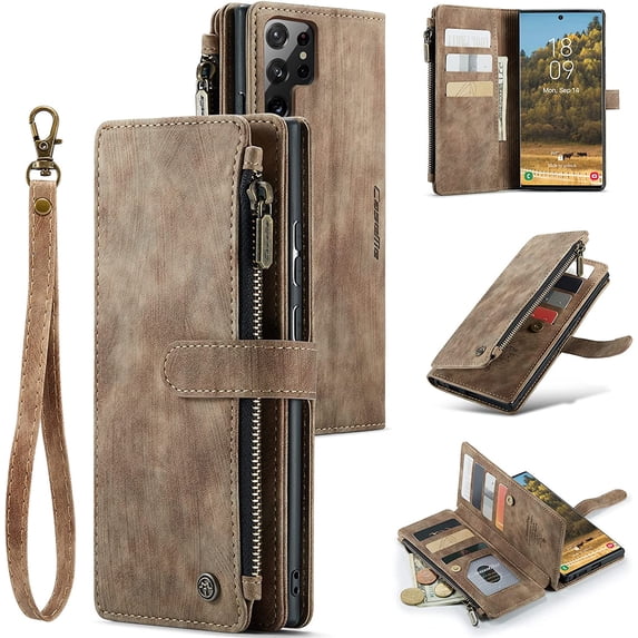 Wallet Case for Samsung Galaxy S22 Ultra 5G, Premium Handmade PU Leather Phone Case Card Slots Magnetic Closure Zipper Pocket Kickstand Flip Case with Hand Strap - Vintage Brown