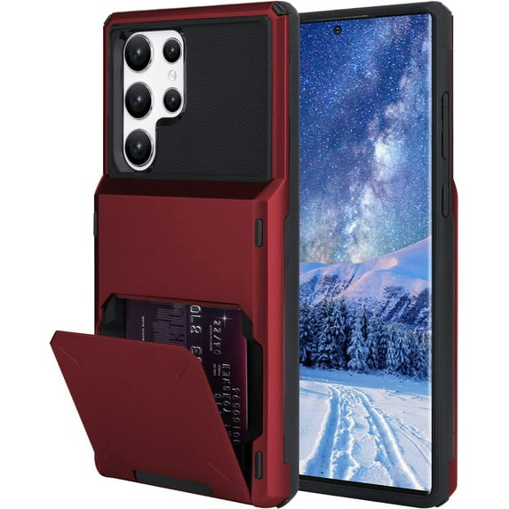 Wallet Case for Samsung Galaxy S22 Ultra Case with 4-Card Credit Card Holder Slot Shockproof Cover Hybrid Heavy Duty Protection Armor Phone Case Compatible with Galaxy S22 Ultra 5G-Red