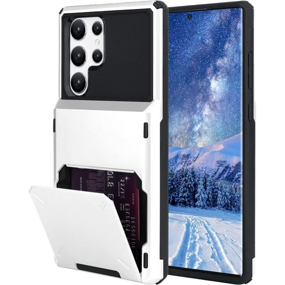 Wallet Case for Samsung Galaxy S22 Ultra Case with 4-Card Credit Card Holder Slot Shockproof Cover Hybrid Heavy Duty Protection Armor Phone Case Compatible with Galaxy S22 Ultra 5G-White