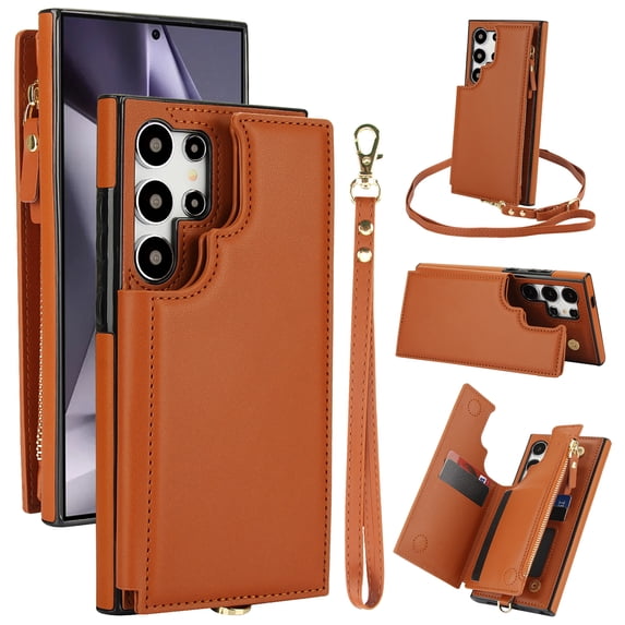 Wallet Case for Samsung Galaxy S22 Ultra, with Crossbody Shoulder Strap & Hand Wrist Cards Holder Zipper Pocket Stand Feature Protective Shockpoof Phone Case for Samsung Galaxy S22 Ultra,Brown