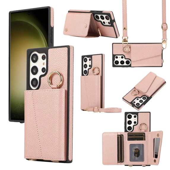 Wallet Case for Samsung Galaxy S22 Ultra, Detachable Crossbody Case Ring Wallet with Card Holder Lens Protective Film, Folio PU Leather Phone Cover Strap Lanyard for Galaxy S22 Ultra Case, Rosegold