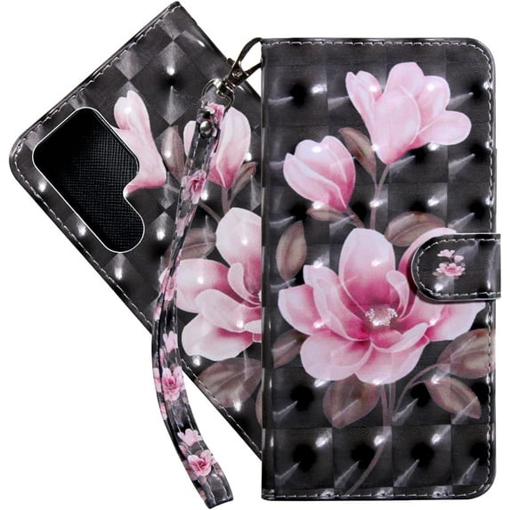 Wallet Case for Samsung Galaxy S22 Ultra (Not S22), Colorful Painted Premium PU Leather Cute Flip Cover with Card Holder & Kickstand Phone Case for Samsung Galaxy S22 Ultra Black Pink Flower