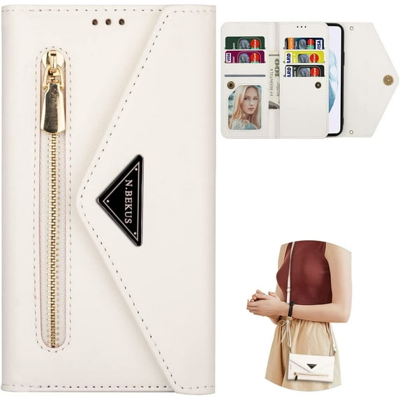 Wallet Case for Samsung Galaxy S22 Ultra (Not S22), Crossbody Neck Strap Lanyard Purse Handbag Shoulder Strap Cover with ID Card Holder Phone Case for Samsung Galaxy S22 Ultra XK White