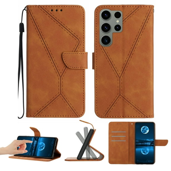 Wallet Case For Samsung Galaxy S22 Ultra, RFID Blocking Magnetic Flip Case with Card Slots Holder Kickstand Wrist Strap, PU Leather Folio Shockproof Protective Cover, Brown