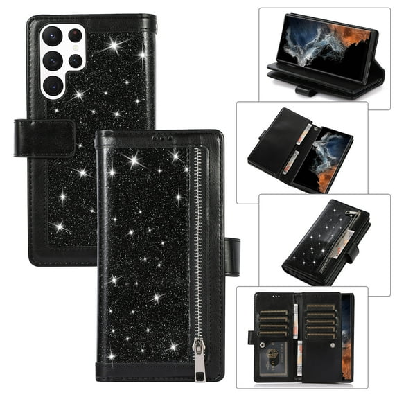 Wallet Case for Samsung Galaxy S22 Ultra Shining Zipper Pocket Cover, Glitter Sparkle Luxury PU Leather Magnetic Flip Folio Case with Card Slots Kickstand Wrist Hand Strip Shockproof Case,Black