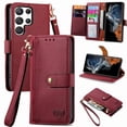 thumbnail image 1 of Wallet Case for Samsung Galaxy S22 Ultra Women Men, Durable PU Leather Magnetic Flip Lanyard Strap Wristlet Zipper Card Holder Kickstand Wallet Phone Case Cover Full Body Protection, Red, 1 of 10
