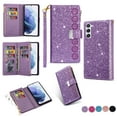 thumbnail image 1 of Wallet Case for Samsung Galaxy S23 5G, Glitter Bling Flip Folio Leather Protective Magnetic Stand Zipper Purse Phone Cover with Card Slot Holder Wrist Strap for Women, Purple, 1 of 9