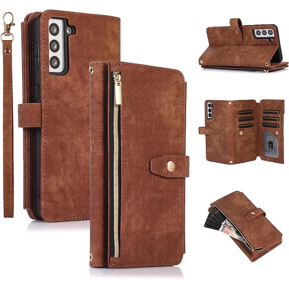 Wallet Case for Samsung Galaxy S23, 9 Card Holder Slots Zipper Pocket Handbag Case Magnetic Closure Kickstand with Wrist Strap TPU Shockproof Flip Case - Retro Braun