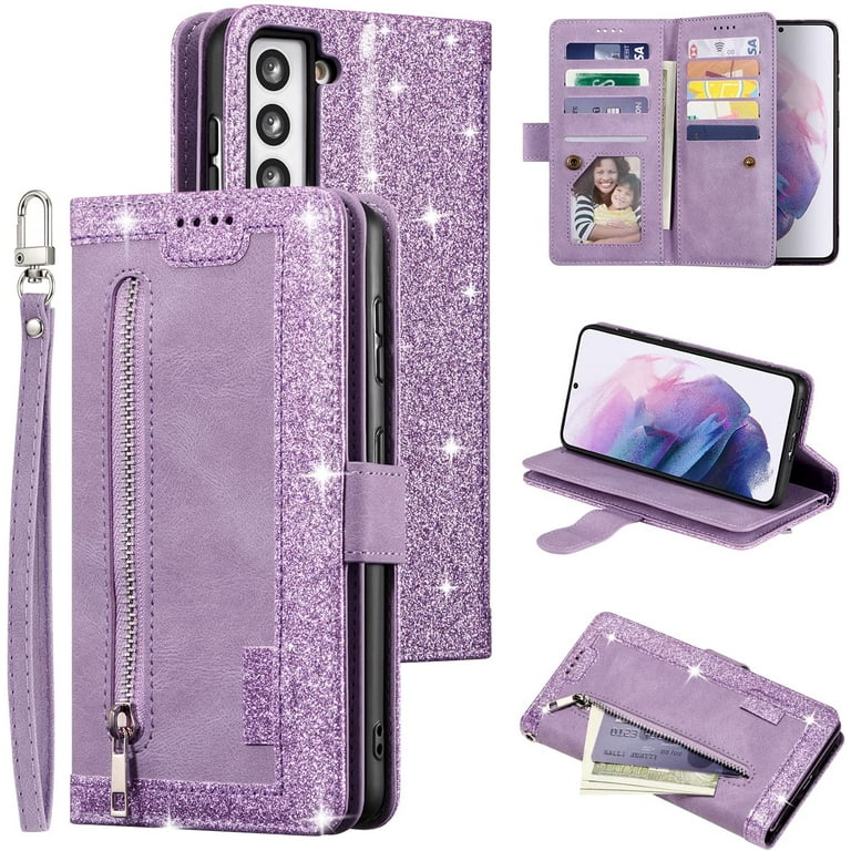 Wallet Case for Samsung Galaxy S23, 9 Card Holder Slots Zipper Pocket  Handbag Case Magnetic Closure Kickstand with Wrist Strap TPU Shockproof Flip  Case - Glitter Purple 
