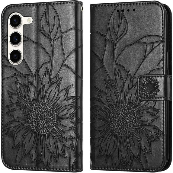 Wallet Case for Samsung Galaxy S23 Case with Card Holder,Sunflower Pattern Leather Phone Case with Kickstand Magnetic Closure Shockproof Cover for Samsung Galaxy S23 Black Sunflower