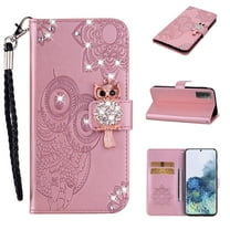 Wallet Case for Samsung Galaxy S23, Embossed Owl Bling Diamond Premium PU Leather [Folio Flip][Kickstand][Card Slots][Wrist Strap][Kickstand]Phone Cover for Samsung Galaxy S23, Rosegold