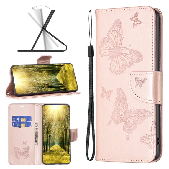Wallet Case for Samsung Galaxy S23 FE, Butterflies Pattern PU Leather Flip Case with Card Holder, Kickstand Folio Magnetic Clasp Shockproof Protective Phone Cover for Galaxy S23 FE, Pink