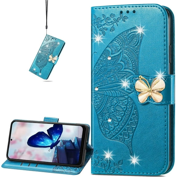 Wallet Case for Samsung Galaxy S23 FE (NOT S23) for Women Girls, Shiny Butterfly Flower PU Leather Cover with Card Slot Holder Flip Phone Case for Samsung Galaxy S23 FE Rhinestone Blue