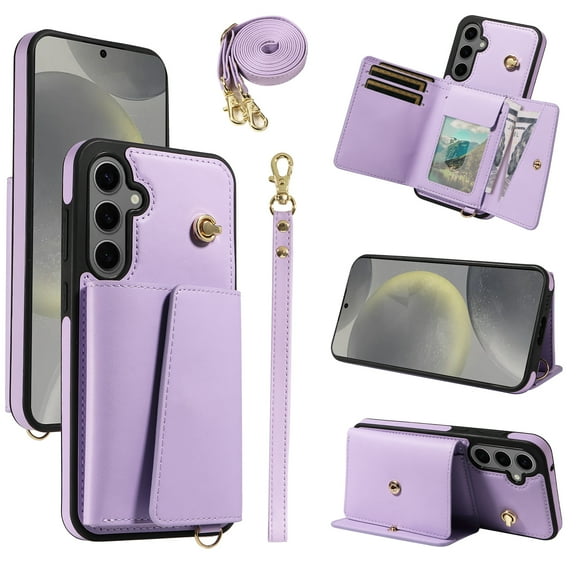 Wallet Case for Samsung Galaxy S23 FE, PU Leather + TPU Shockproof Cover with Card Slots, Cash Pocket, Long & Short Straps, Kickstand, Button Closure, Gift for Women Men Family Friends, Purple