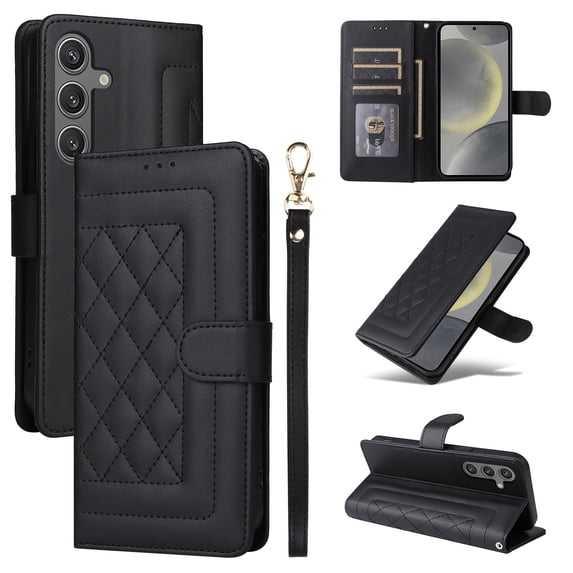 Wallet Case for Samsung Galaxy S23 FE, Vintage Wrist Strap Kickstand Credit Card Slots Magnetic Closure PU Leather Shockproof Drop Protective TPU Shell for Samsung Galaxy S23 FE, Black