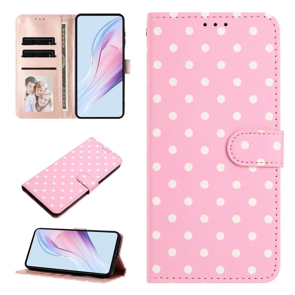 Wallet Case for Samsung Galaxy S23 FE, Wave Point Pattern Phone Case with Kickstand, 3 Card Slots and Cash Pocket Full Body Shock-Resistant Protective Folio Cover for Women Girls, Pink
