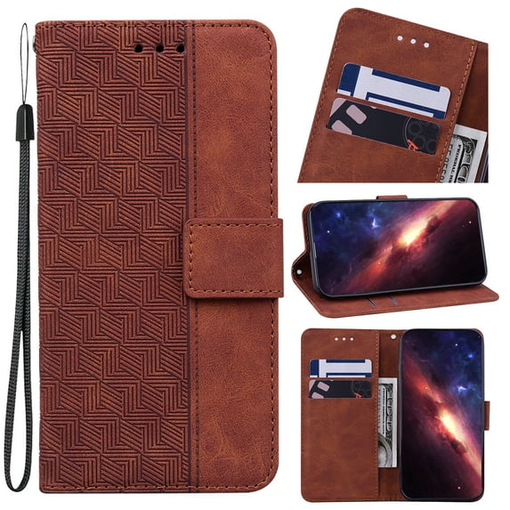 Wallet Case for Samsung Galaxy S23, Geometric Embossed Pattern Card Slots Holder PU Leather Flip Folio Cover with Magnetic Clasp Kickstand Shockproof Case for Samsung Galaxy S23,Brown