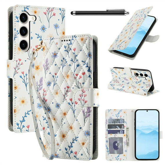 Wallet Case for Samsung Galaxy S23 , PU Leather Phone Cover Kickstand RFID Blocking Flip Case Card Slots Wrist Strap Relief Engraved Pattern Magnetic With Stylus Pen, Blue Purple Flower