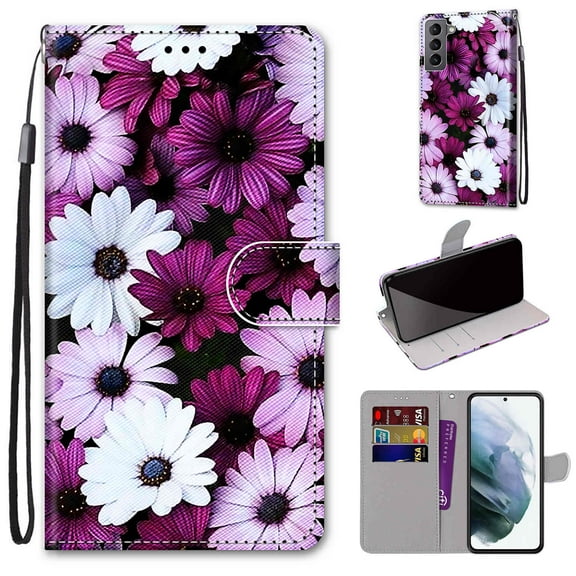 Wallet Case for Samsung Galaxy S23 Plus (2023), Allytech Premium PU Leather Folio Flip Anti-Lost Wristlet Card Slots Magnetic Buckle Shockproof Stand Case for Galaxy S23 Plus 5G, White Purple Daisy