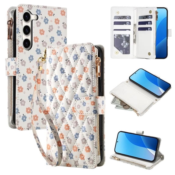 Wallet Case For Samsung Galaxy S23 Plus 5G 6.6-inch, Flower Pattern Flip Zipper Purse Leather Cover With Card Holder, Detachable Wristlet & Shoulder Strap, Shockproof ,Kickstand Phone Case For Women