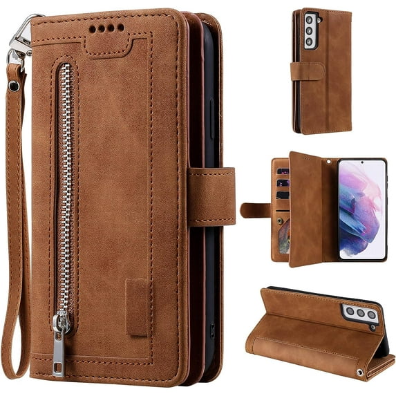 Wallet Case for Samsung Galaxy S23 Plus, 9 Card Holder Slots Zipper Pocket Handbag Case Magnetic Closure Kickstand with Wrist Strap TPU Shockproof Flip Case - Brown