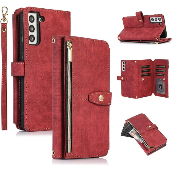Wallet Case for Samsung Galaxy S23 Plus, 9 Card Holder Slots Zipper Pocket Handbag Case Magnetic Closure Kickstand with Wrist Strap TPU Shockproof Flip Case - Retro Wine Red