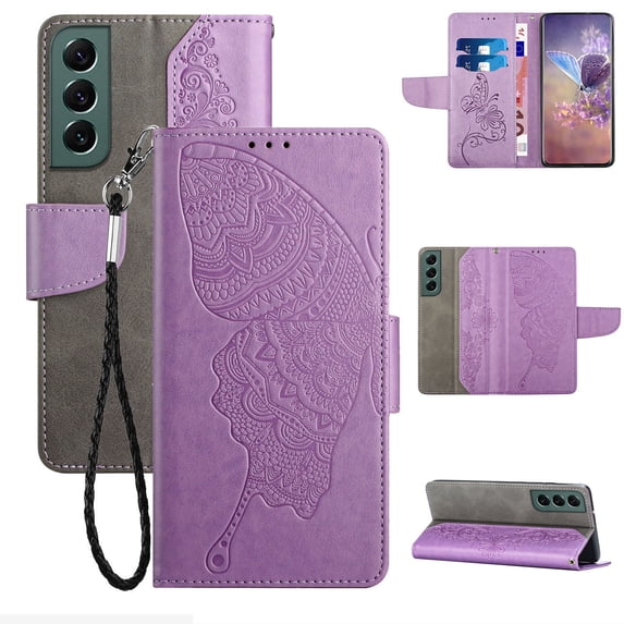 Wallet Case for Samsung Galaxy S23 Plus, Butterfly Embossed Pattern Luxury PU Leather Magnetic Flip Folio Cover with Card Slots Holder Kickstand Wrist Strap Soft Silicone Shockproof Case,Purple