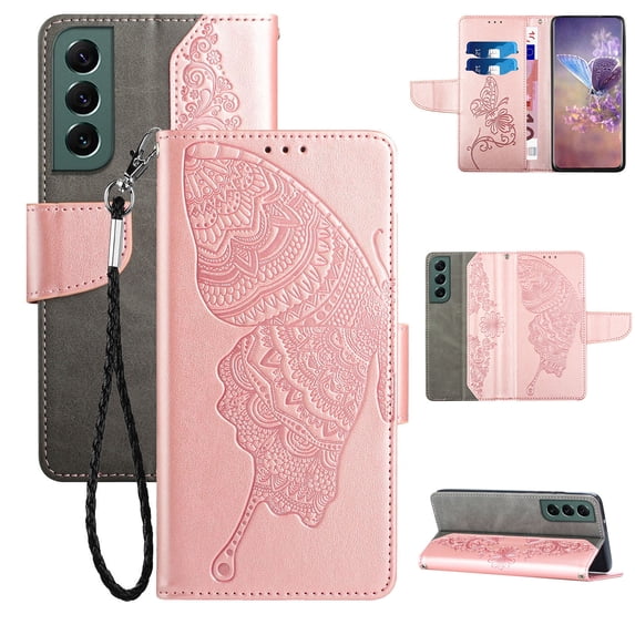 Wallet Case for Samsung Galaxy S23 Plus, Butterfly Embossed Pattern Luxury PU Leather Magnetic Flip Folio Cover with Card Slots Holder Kickstand Wrist Strap Soft Silicone Shockproof Case,Rosegold