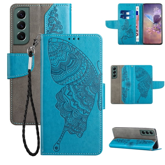 Wallet Case for Samsung Galaxy S23 Plus, Butterfly Embossed Pattern Luxury PU Leather Magnetic Flip Folio Cover with Card Slots Holder Kickstand Wrist Strap Soft Silicone Shockproof Case,Blue