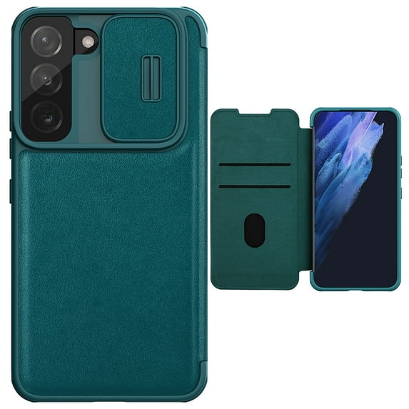 Wallet Case for Samsung Galaxy S23 Plus with Camera Lens Sliding Cover Card Slots Holder, Premium PU Leather Shockproof Lens Protection Flip Folio Case for Samsung Galaxy S23 Plus, Green