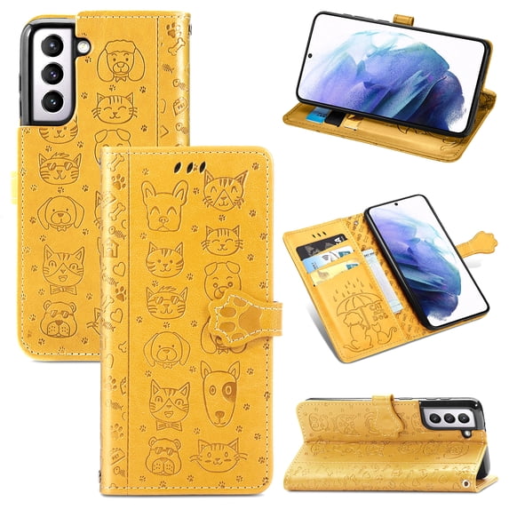Wallet Case for Samsung Galaxy S23 Plus, Lovely Cute Cat Dog Embossed Pattern Cartoon PU Leather Flip Folio Cover with Card Slots Cash Holder Kickstand Magnetic Secure Clasp Shockproof Case,Yellow