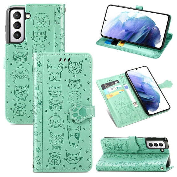 Wallet Case for Samsung Galaxy S23 Plus, Lovely Cute Cat Dog Embossed Pattern Cartoon PU Leather Flip Folio Cover with Card Slots Cash Holder Kickstand Magnetic Secure Clasp Shockproof Case,Green