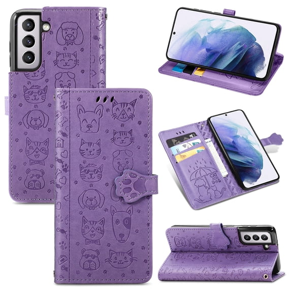 Wallet Case for Samsung Galaxy S23 Plus, Lovely Cute Cat Dog Embossed Pattern Cartoon PU Leather Flip Folio Cover with Card Slots Cash Holder Kickstand Magnetic Secure Clasp Shockproof Case,Purple