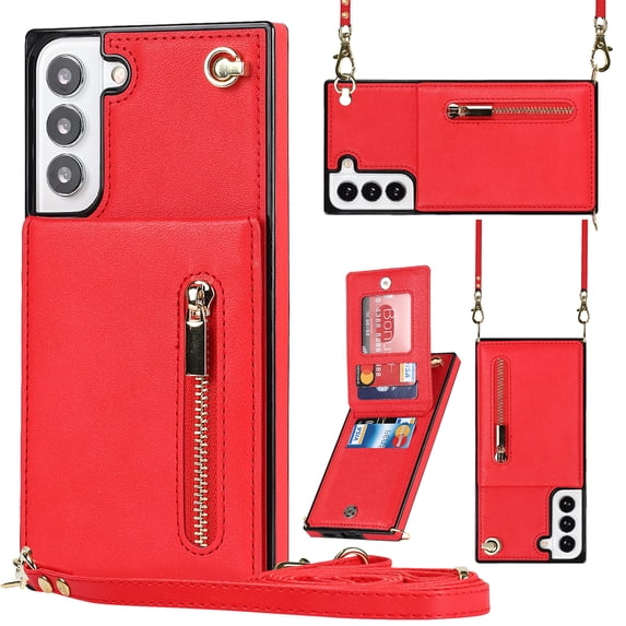 Wallet Case for Samsung Galaxy S23 Plus, PU Lanyard Neck Strap Case with Kickstand Zipper Wallet Card Holder, Adjustable Detachable Necklace Phone Protective Back Cover, Red