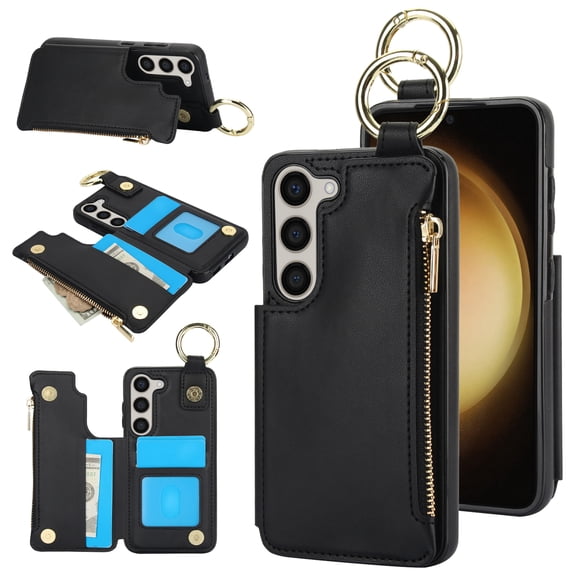 Wallet Case for Samsung Galaxy S23 Plus with Shoulder Strap & RFID Blocking Card Slots Holder Kickstand & Finger Ring, Magnetic Flip Folio Zipper Purse Case, PU Leather Cover Handbag, Black
