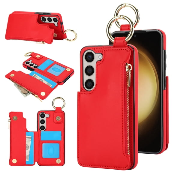 Wallet Case for Samsung Galaxy S23 Plus with Shoulder Strap & RFID Blocking Card Slots Holder Kickstand & Finger Ring, Magnetic Flip Folio Zipper Purse Case, PU Leather Cover Handbag, Red