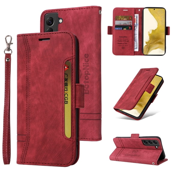 Wallet Case for Samsung Galaxy S23 Plus, Wrist Hand Strap Premium PU Leather TPU Shockproof Flip Cover with Kickstand Card Slots Holder Magnetic Clasp Case for Samsung Galaxy S23 Plus, Red