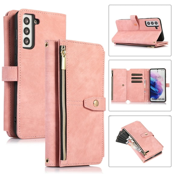 Wallet Case for Samsung Galaxy S23 Plus with Zipper Pouch,Magnetic PU Leather Flip Folio Stand Card Slot with Hand Strap and Cross Body Strap Case Cover for Galaxy S23 Plus, Pink
