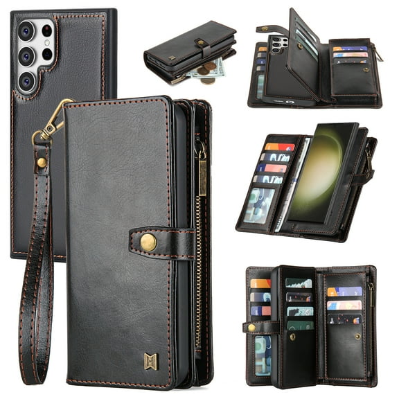 Wallet Case for Samsung Galaxy S23 Ultra, 2 In 1 Detachable Magnetic Cover Multiple Cards Slots Zipper Pocket RFID Blocking Stand Hand Strap Protective Phone Case for Women Men, Black