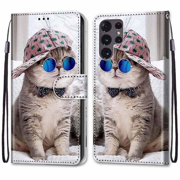 Wallet Case for Samsung Galaxy S23 Ultra (2023), Allytech Premium PU Leather Folio Flip Anti-Lost Wristlet Card Slots Magnetic Buckle Shockproof Stand Case for Galaxy S23 Ultra 5G, Cat in Hat