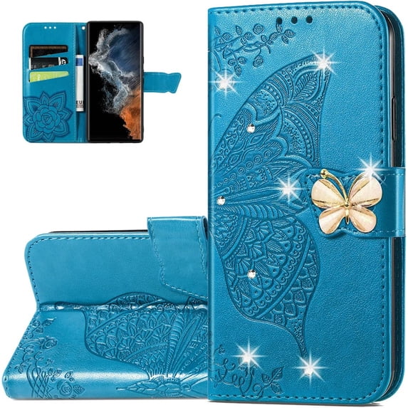 Wallet Case for Samsung Galaxy S23 Ultra,3D Butterfly Pattern PU Leather Flip Phone Case with Magnetic Clasp and Cash Card Slots Holster for Galaxy S23 Ultra,HZD Rhinestone Blue